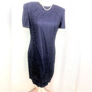 Vintage 100% Silk Navy Blue Sparkly Sequence Cocktail Dress.